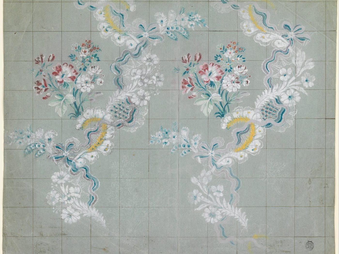Nineteenth-century design drawing for a silk brocade, floral garlands on a pale ground