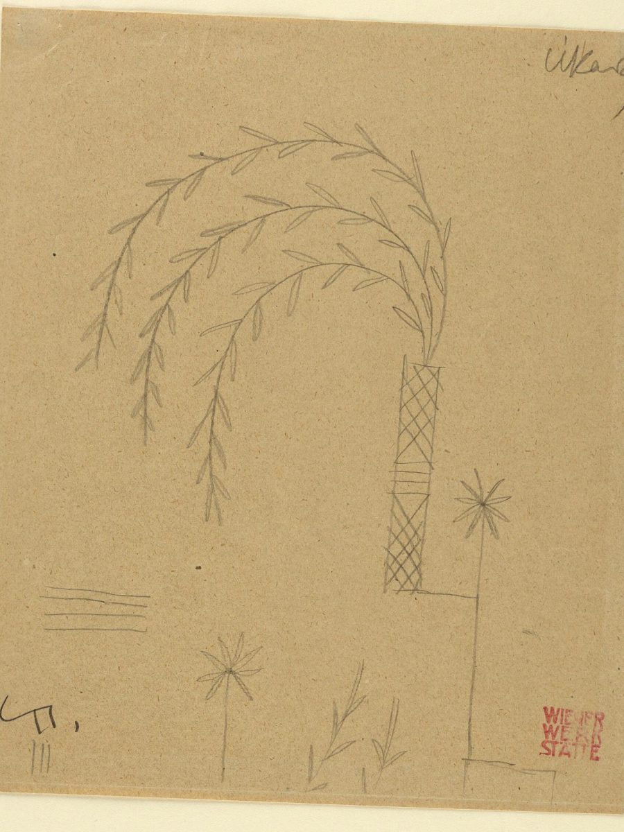 Textile design drawing of a willow arch in graphite on buff paper
