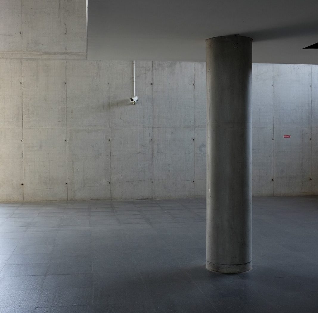 Bare concrete gallery interior with a single column and raking daylight