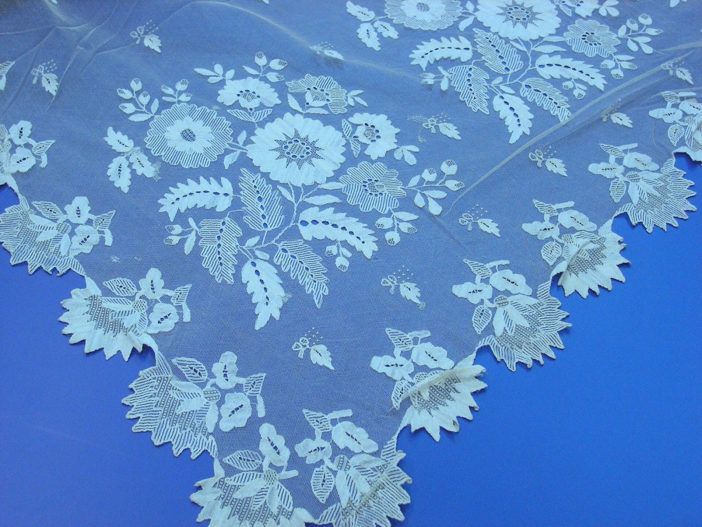 Fine floral lace laid over a saturated blue ground