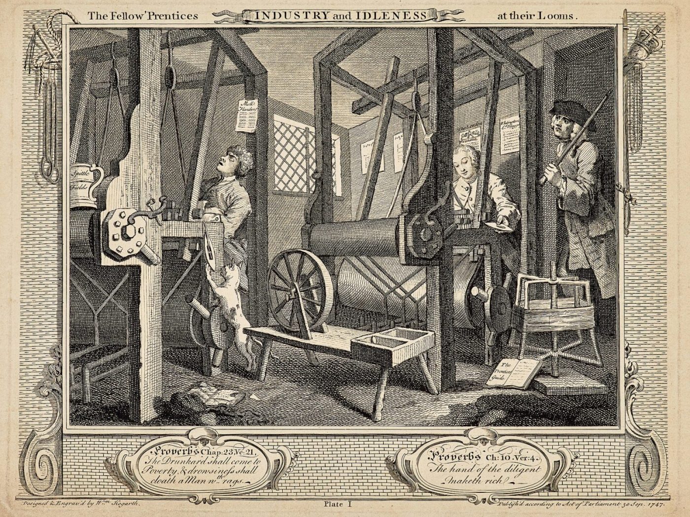 Eighteenth-century engraving of weavers at handlooms in a workshop